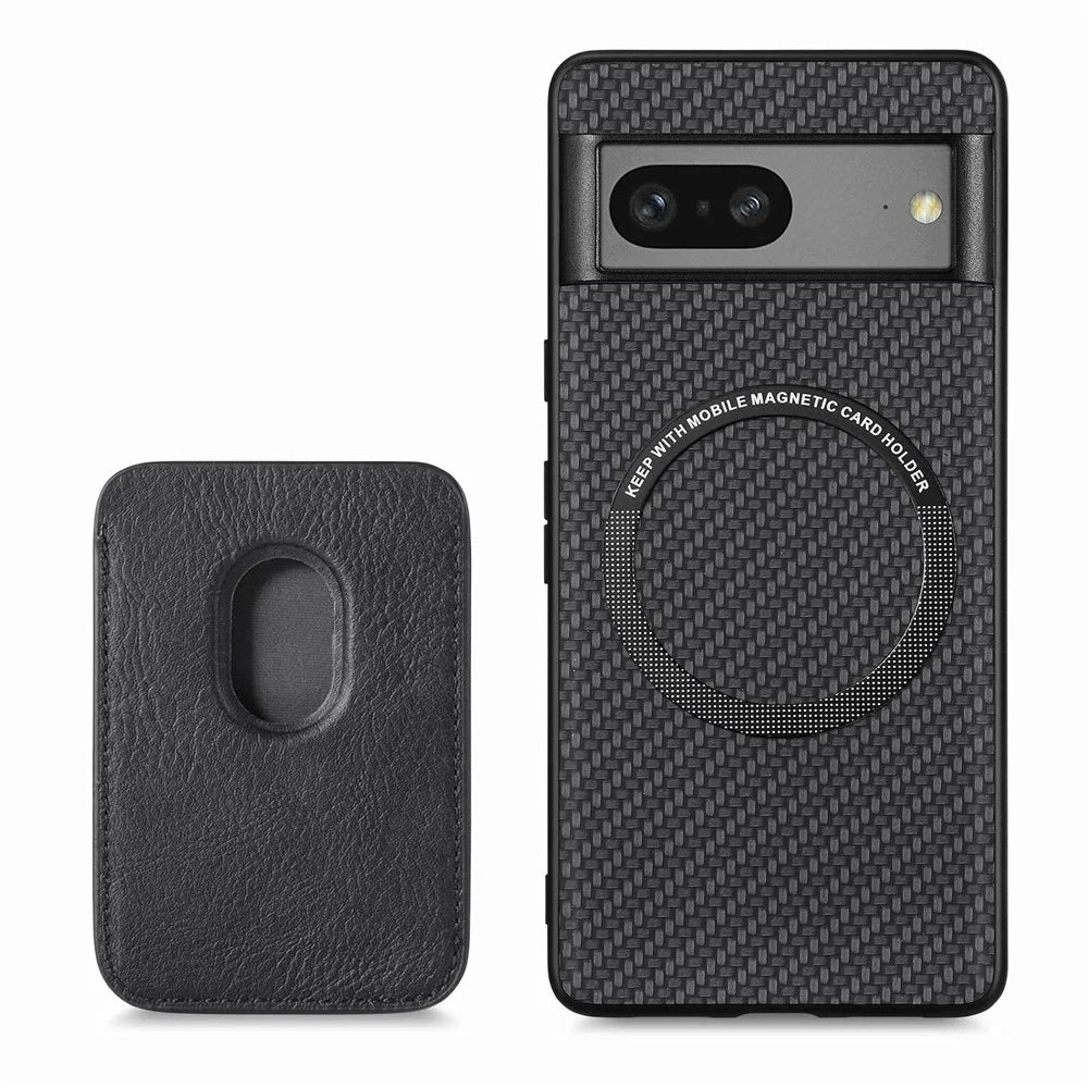 For Google Pixel 7 5G Detachable Magnetic Phone Case Carbon Fiber Texture PU Leather + TPU Cover with Card Holder - Black - 5