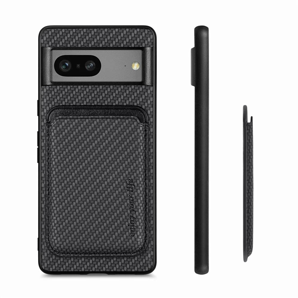 For Google Pixel 7 5G Detachable Magnetic Phone Case Carbon Fiber Texture PU Leather + TPU Cover with Card Holder - Black - 6
