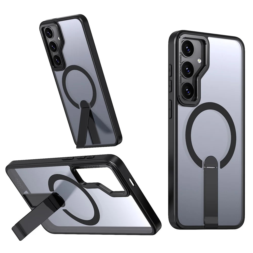 For Samsung Galaxy S24 FE Magnetic Case Kickstand TPU + Acrylic Phone Cover - Black - 1