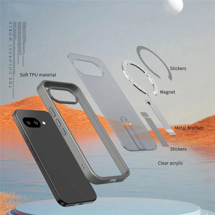 For Google Pixel 9a Magnetic Case Kickstand TPU + Acrylic Phone Cover - Titanium Grey - 3