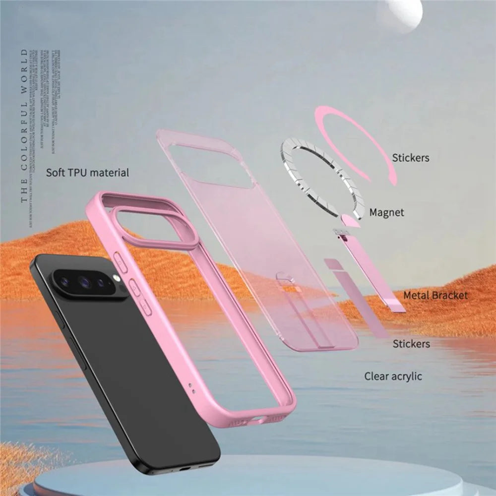 For Google Pixel 10 Pro XL / 9 Pro XL Magnetic Case Kickstand TPU + Acrylic Phone Cover - Pink - 3