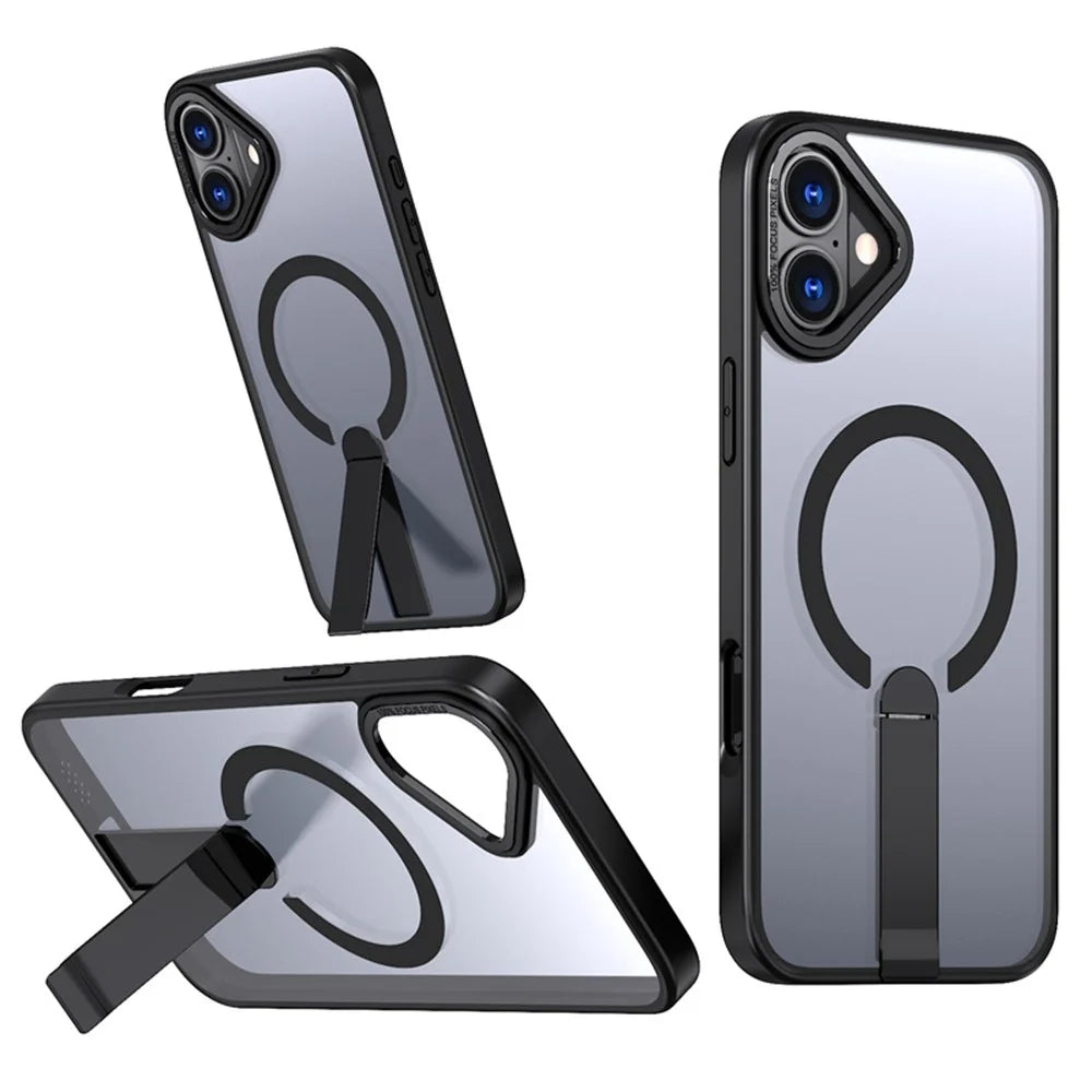 For iPhone 16 Case Compatible with MagSafe Kickstand TPU + Acrylic Phone Cover - Black - 1