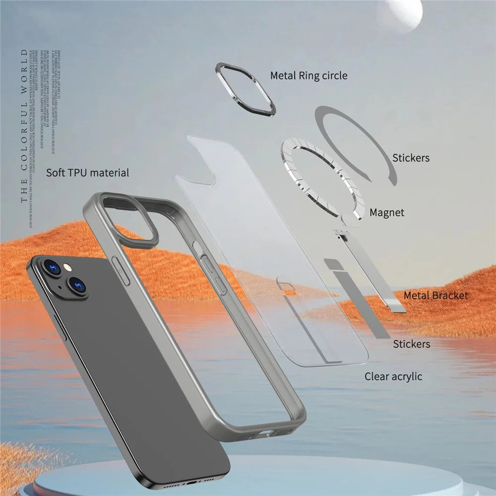 For iPhone 15 Plus Case Compatible with MagSafe Kickstand TPU + Acrylic Phone Cover - Titanium Grey - 5