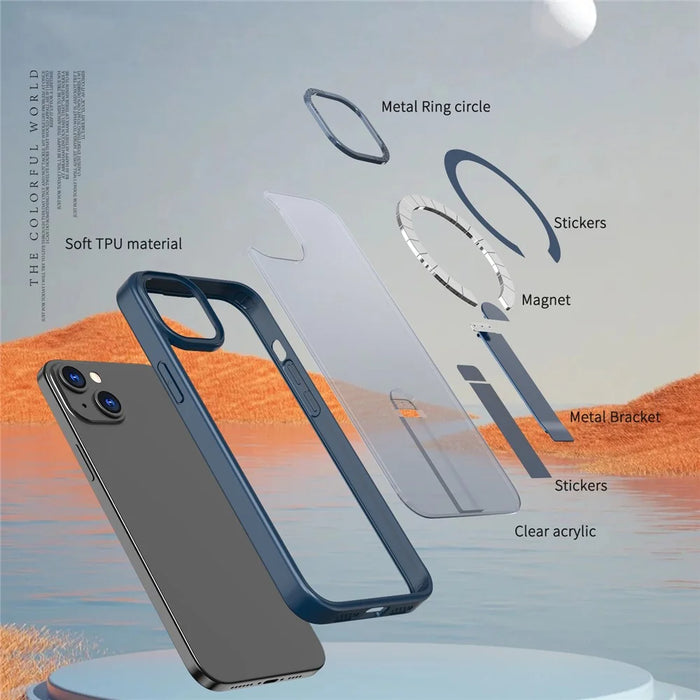 For iPhone 14 / 13 Case Compatible with MagSafe Kickstand TPU + Acrylic Phone Cover - Blue - 5