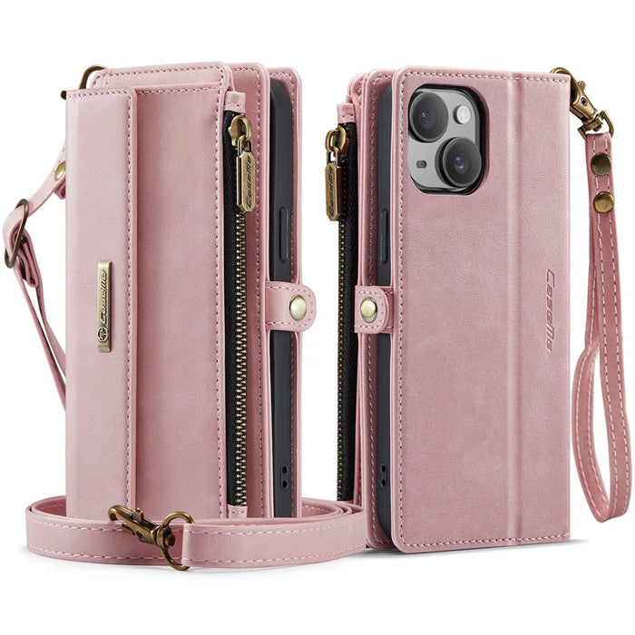 CASEME For iPhone 15 Case  C39 RFID Blocking Zipper Wallet Stand Leather Cover with Strap - Pink - 2