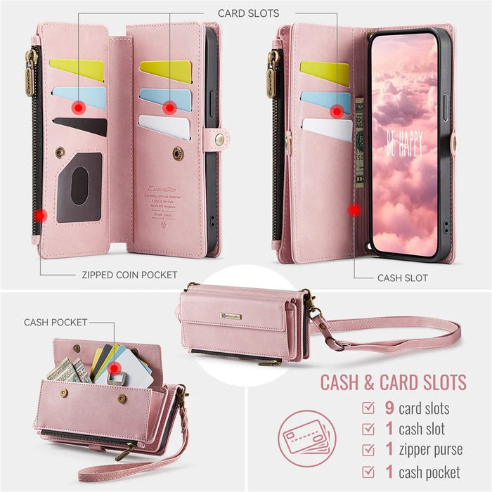 CASEME For iPhone 15 Case  C39 RFID Blocking Zipper Wallet Stand Leather Cover with Strap - Pink - 3