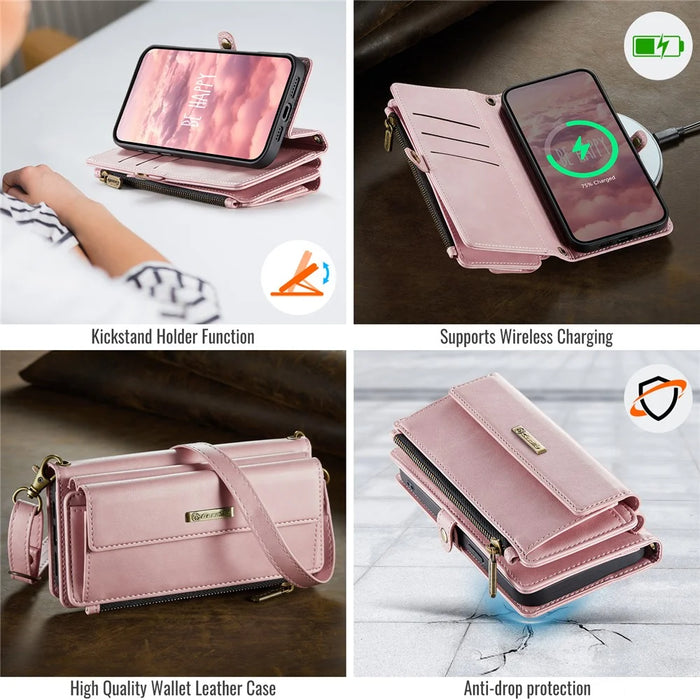 CASEME For iPhone 15 Case  C39 RFID Blocking Zipper Wallet Stand Leather Cover with Strap - Pink - 4