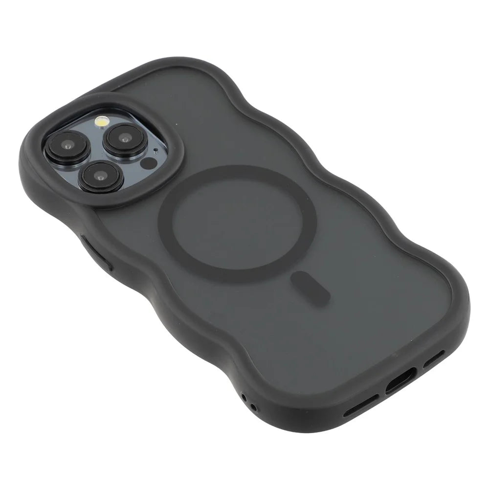 For iPhone 14 Pro Max Case Compatible with MagSafe TPU + PC Phone Back Cover Skin Touch Wave Shape - Black - 5