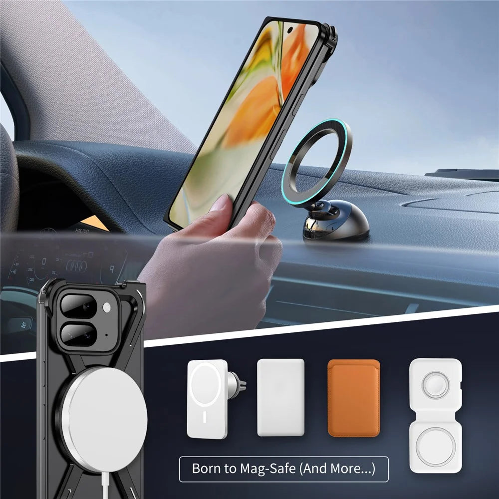 For Google Pixel 9 Pro Fold 5G Bumper Cases Borderless Metal Frame Cover Magnetic Case Kickstand - Black - 2