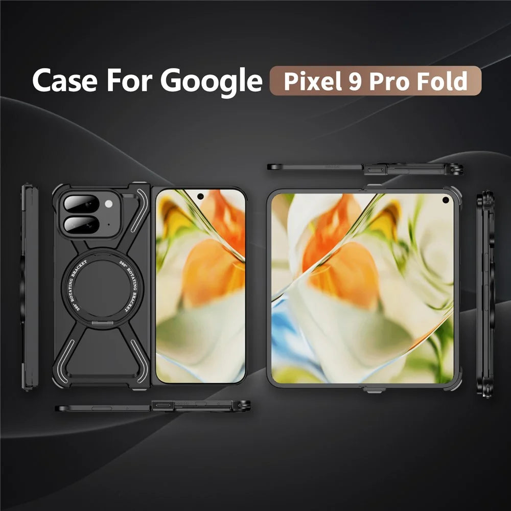 For Google Pixel 9 Pro Fold 5G Bumper Cases Borderless Metal Frame Cover Magnetic Case Kickstand - Black - 5