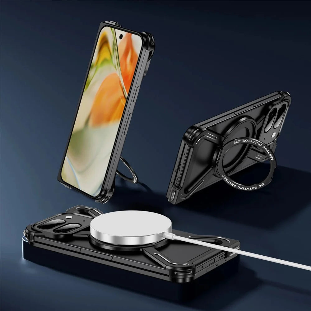 For Google Pixel 9 Pro Fold 5G Bumper Cases Borderless Metal Frame Cover Magnetic Case Kickstand - Black - 6
