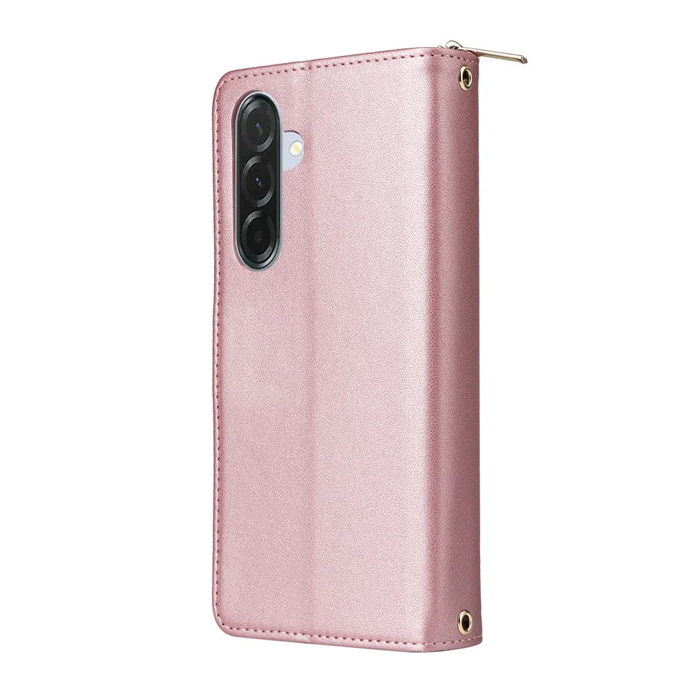For Samsung Galaxy A36 5G Case 9 Card Slots Zipper Pocket PU Leather Phone Cover with Wrist Strap - Rose Gold - 6