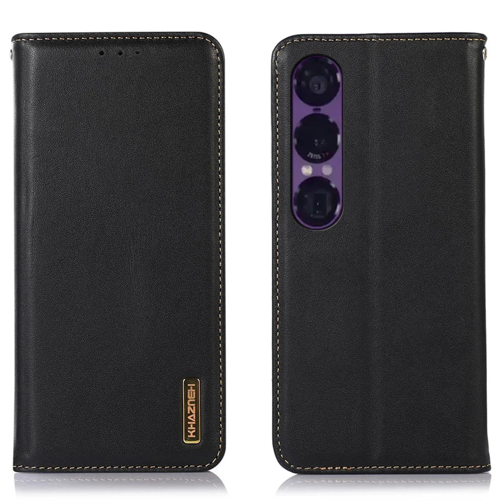 KHAZNEH For Sony Xperia 1 VII Case Wallet Genuine Cow Leather Phone Cover Nappa Texture - Black - 1