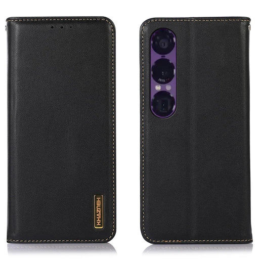 KHAZNEH For Sony Xperia 1 VII Case Wallet Genuine Cow Leather Phone Cover Nappa Texture - Black - 1