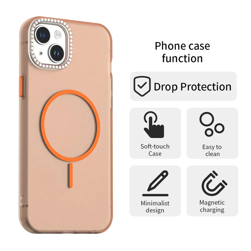For iPhone 14 / 13 Case Compatible with MagSafe TPU + PC + PET Phone Cover Rhinestone Decor Lens Frame - Orange - 2