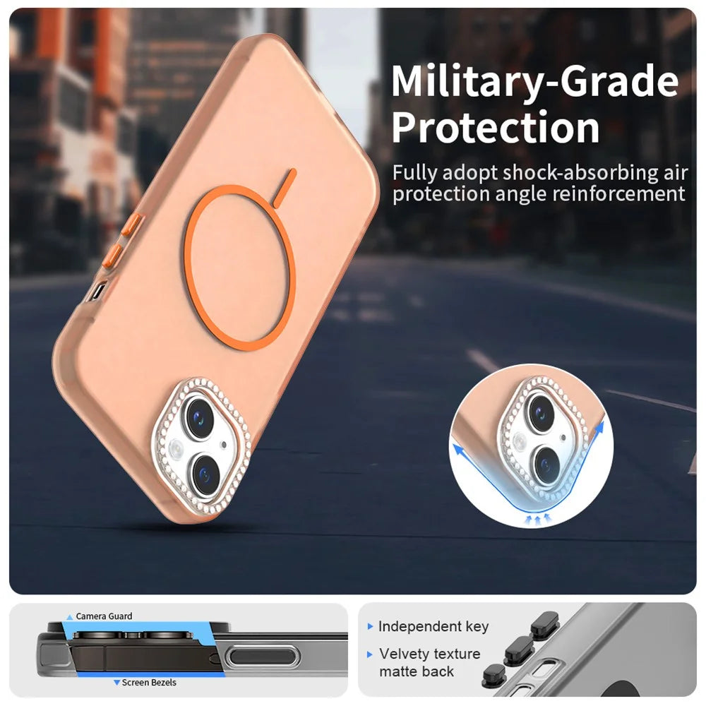 For iPhone 14 / 13 Case Compatible with MagSafe TPU + PC + PET Phone Cover Rhinestone Decor Lens Frame - Orange - 3