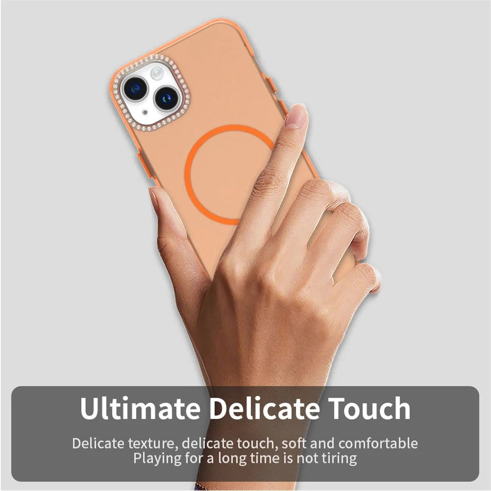 For iPhone 14 / 13 Case Compatible with MagSafe TPU + PC + PET Phone Cover Rhinestone Decor Lens Frame - Orange - 6