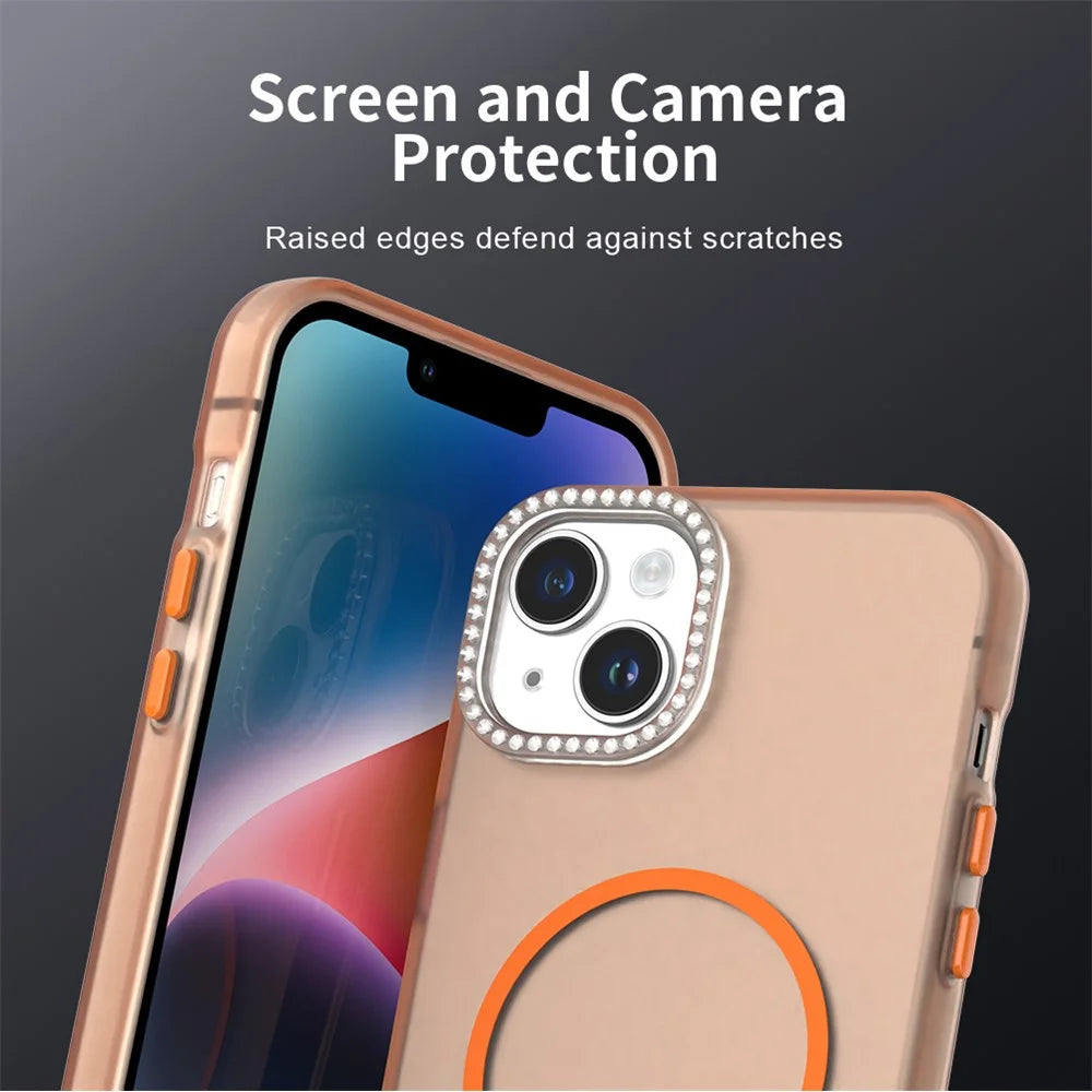 For iPhone 14 / 13 Case Compatible with MagSafe TPU + PC + PET Phone Cover Rhinestone Decor Lens Frame - Orange - 7