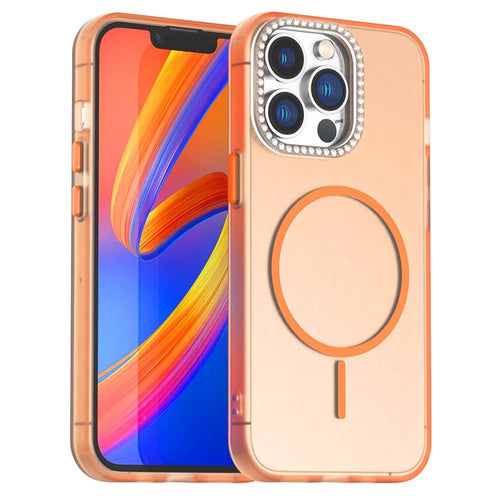 For iPhone 13 Pro Case Compatible with MagSafe TPU + PC + PET Phone Cover Rhinestone Decor Lens Frame - Orange - 1