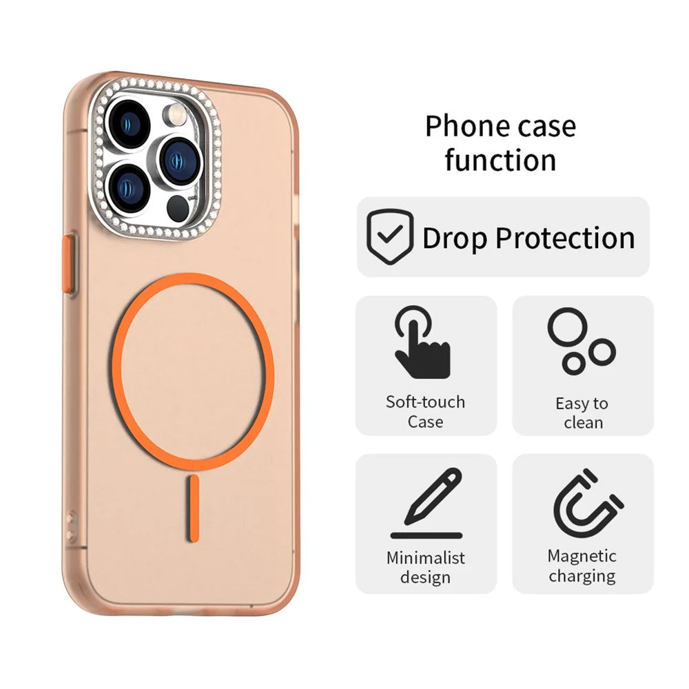 For iPhone 13 Pro Max Case Compatible with MagSafe TPU + PC + PET Phone Cover Rhinestone Decor Lens Frame - Orange - 2