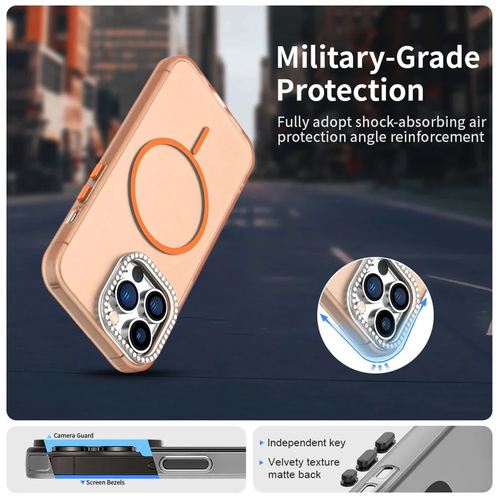 For iPhone 13 Pro Max Case Compatible with MagSafe TPU + PC + PET Phone Cover Rhinestone Decor Lens Frame - Orange - 3