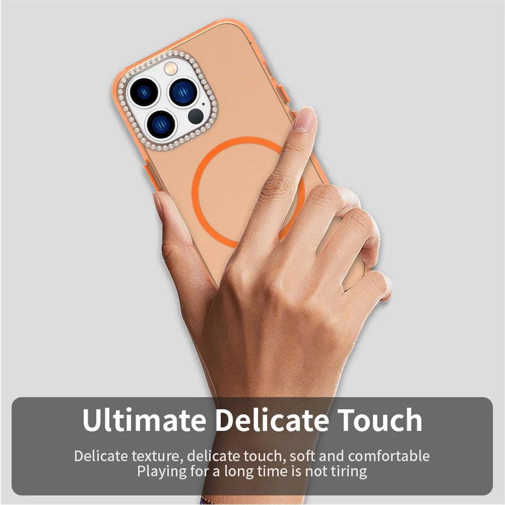 For iPhone 13 Pro Max Case Compatible with MagSafe TPU + PC + PET Phone Cover Rhinestone Decor Lens Frame - Orange - 6
