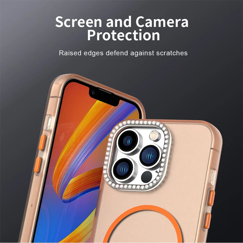 For iPhone 13 Pro Max Case Compatible with MagSafe TPU + PC + PET Phone Cover Rhinestone Decor Lens Frame - Orange - 7