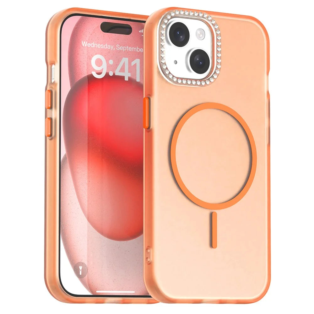 For iPhone 15 Plus / 14 Plus Case Compatible with MagSafe TPU + PC + PET Phone Cover Rhinestone Decor Lens Frame - Orange - 1