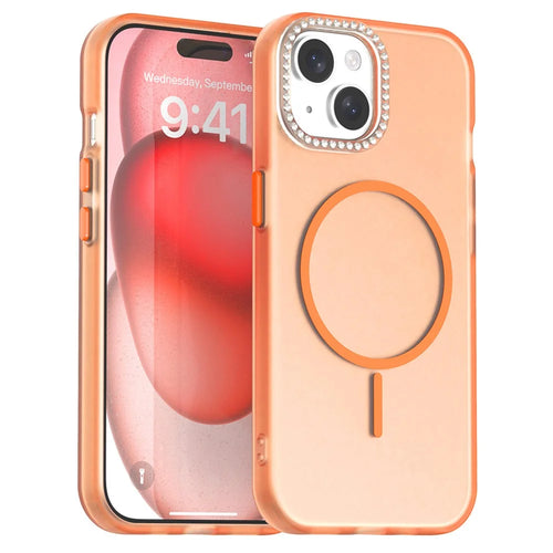 For iPhone 15 Plus / 14 Plus Case Compatible with MagSafe TPU + PC + PET Phone Cover Rhinestone Decor Lens Frame - Orange - 1