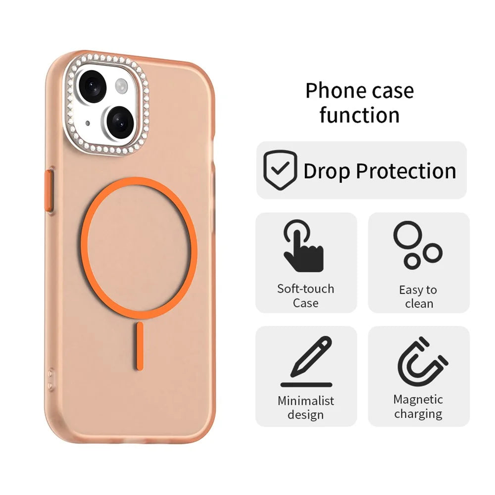 For iPhone 15 Plus / 14 Plus Case Compatible with MagSafe TPU + PC + PET Phone Cover Rhinestone Decor Lens Frame - Orange - 2