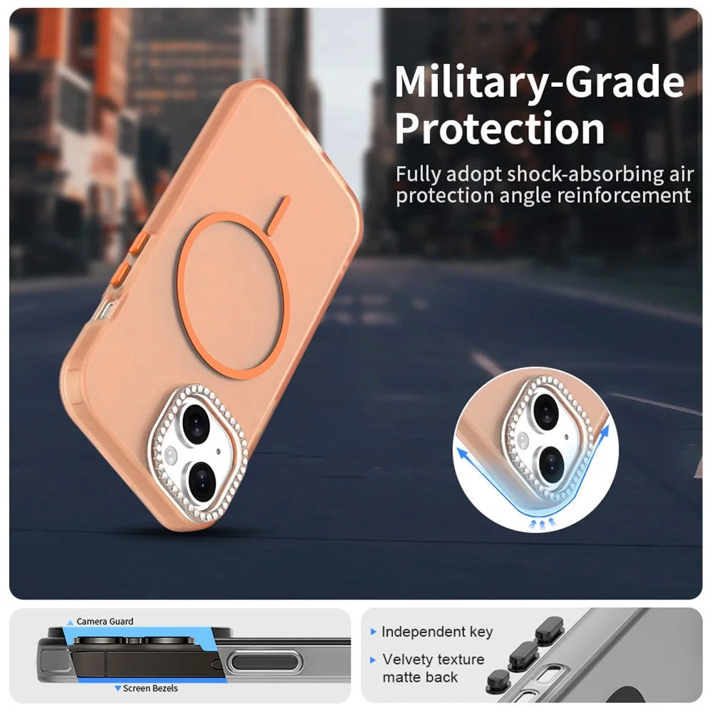 For iPhone 15 Plus / 14 Plus Case Compatible with MagSafe TPU + PC + PET Phone Cover Rhinestone Decor Lens Frame - Orange - 3