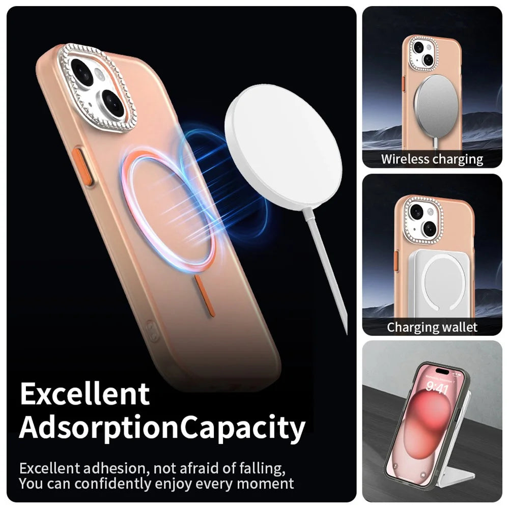 For iPhone 15 Plus / 14 Plus Case Compatible with MagSafe TPU + PC + PET Phone Cover Rhinestone Decor Lens Frame - Orange - 4
