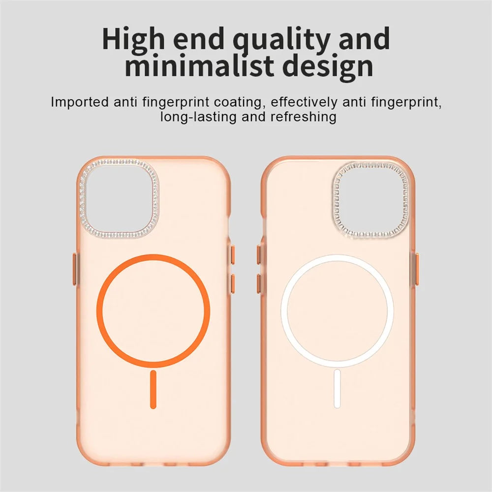 For iPhone 15 Plus / 14 Plus Case Compatible with MagSafe TPU + PC + PET Phone Cover Rhinestone Decor Lens Frame - Orange - 5