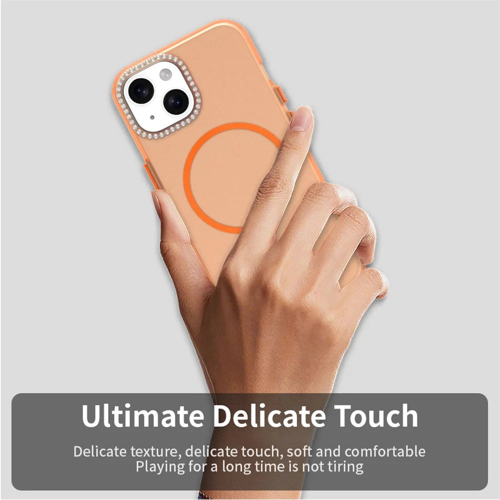 For iPhone 15 Plus / 14 Plus Case Compatible with MagSafe TPU + PC + PET Phone Cover Rhinestone Decor Lens Frame - Orange - 6