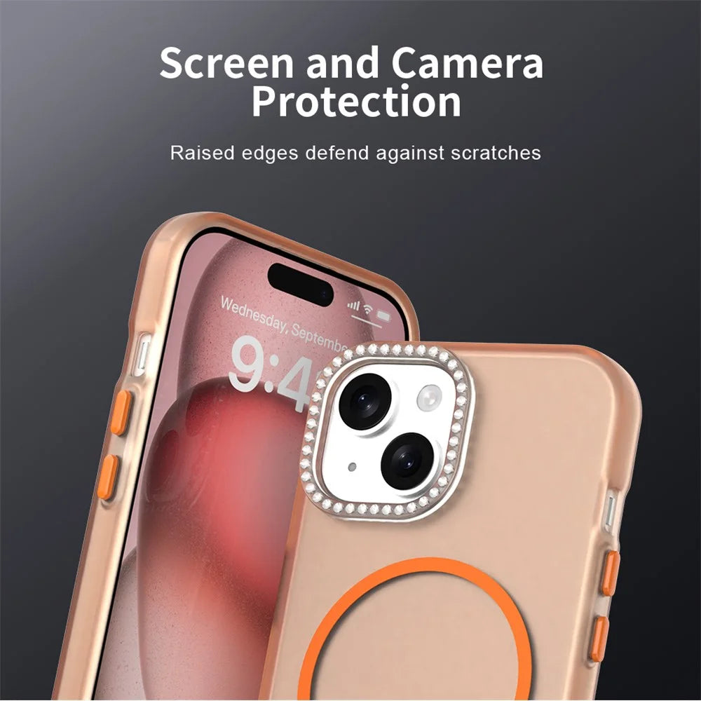 For iPhone 15 Plus / 14 Plus Case Compatible with MagSafe TPU + PC + PET Phone Cover Rhinestone Decor Lens Frame - Orange - 7