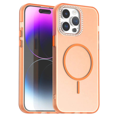 For iPhone 14 Pro Case Compatible with MagSafe TPU + PC + PET Phone Cover Rhinestone Decor Lens Frame - Orange - 1