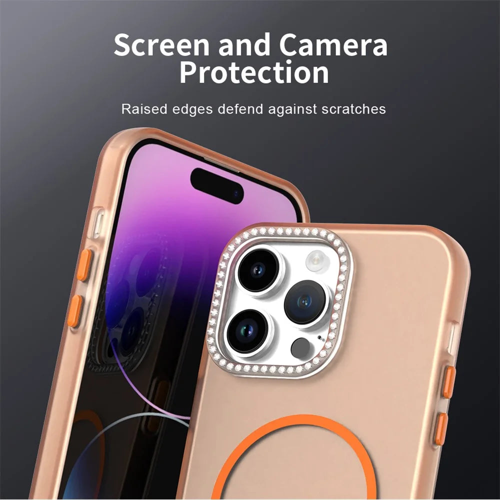For iPhone 14 Pro Case Compatible with MagSafe TPU + PC + PET Phone Cover Rhinestone Decor Lens Frame - Orange - 6