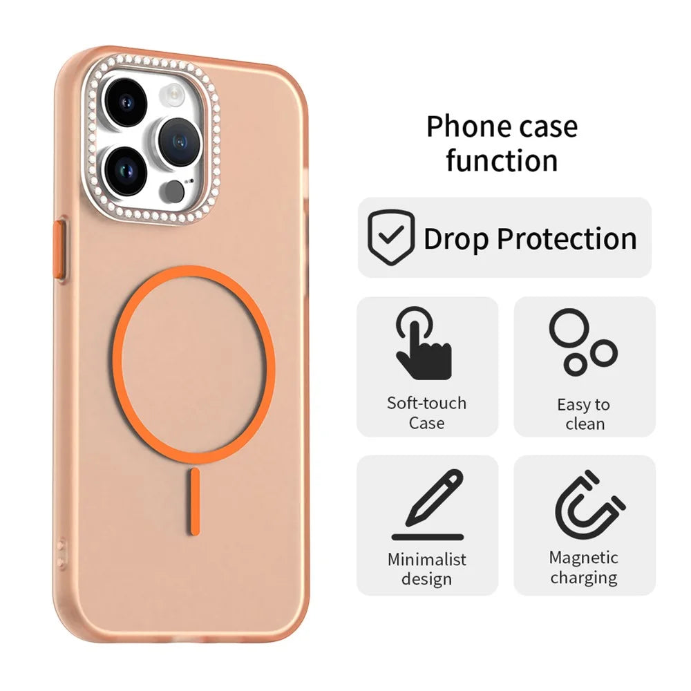 For iPhone 14 Pro Max Case Compatible with MagSafe TPU + PC + PET Phone Cover Rhinestone Decor Lens Frame - Orange - 2