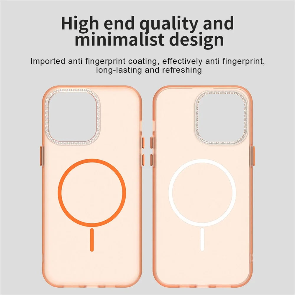 For iPhone 14 Pro Max Case Compatible with MagSafe TPU + PC + PET Phone Cover Rhinestone Decor Lens Frame - Orange - 4