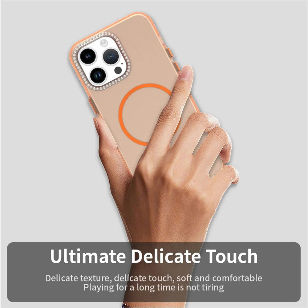 For iPhone 14 Pro Max Case Compatible with MagSafe TPU + PC + PET Phone Cover Rhinestone Decor Lens Frame - Orange - 5
