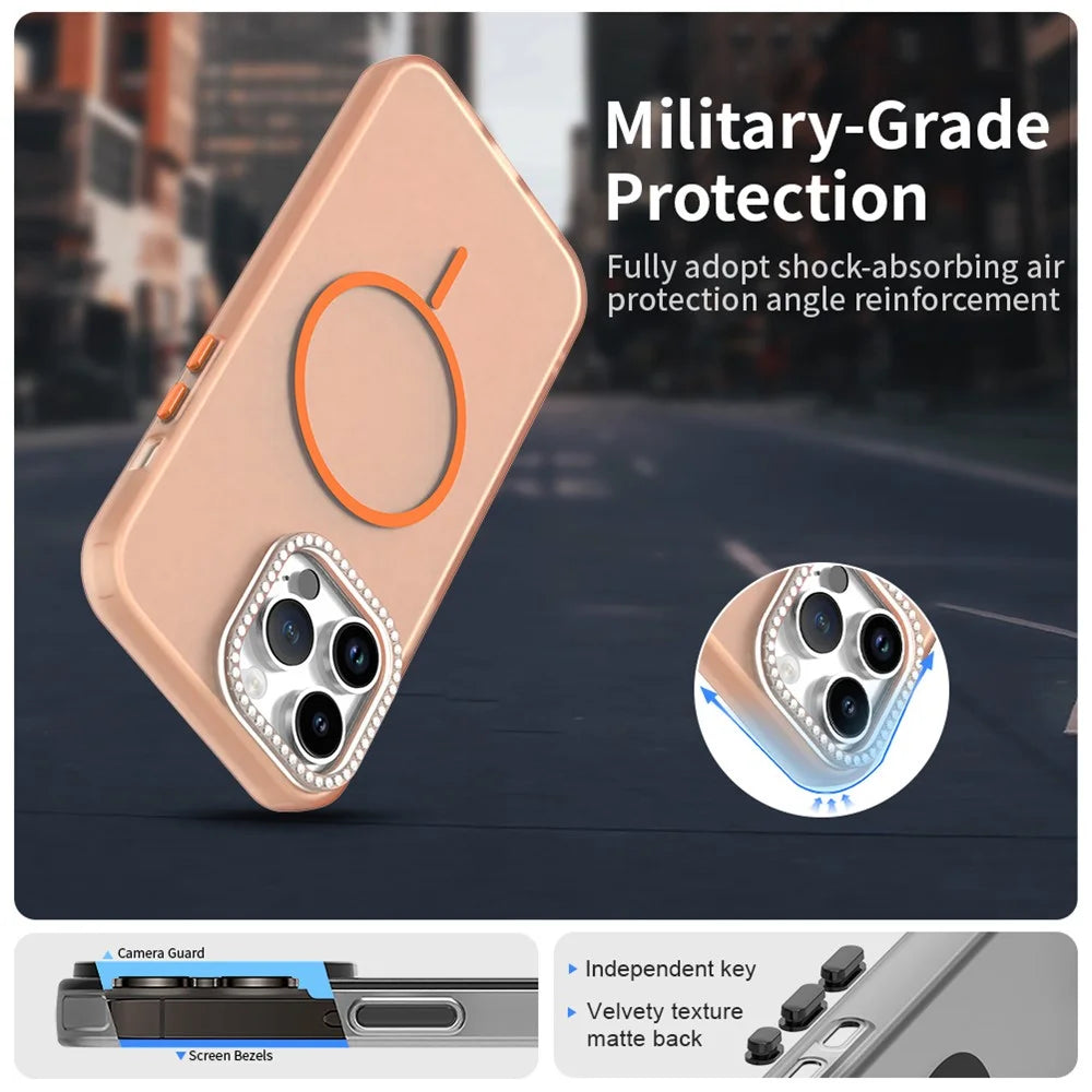 For iPhone 14 Pro Max Case Compatible with MagSafe TPU + PC + PET Phone Cover Rhinestone Decor Lens Frame - Orange - 7