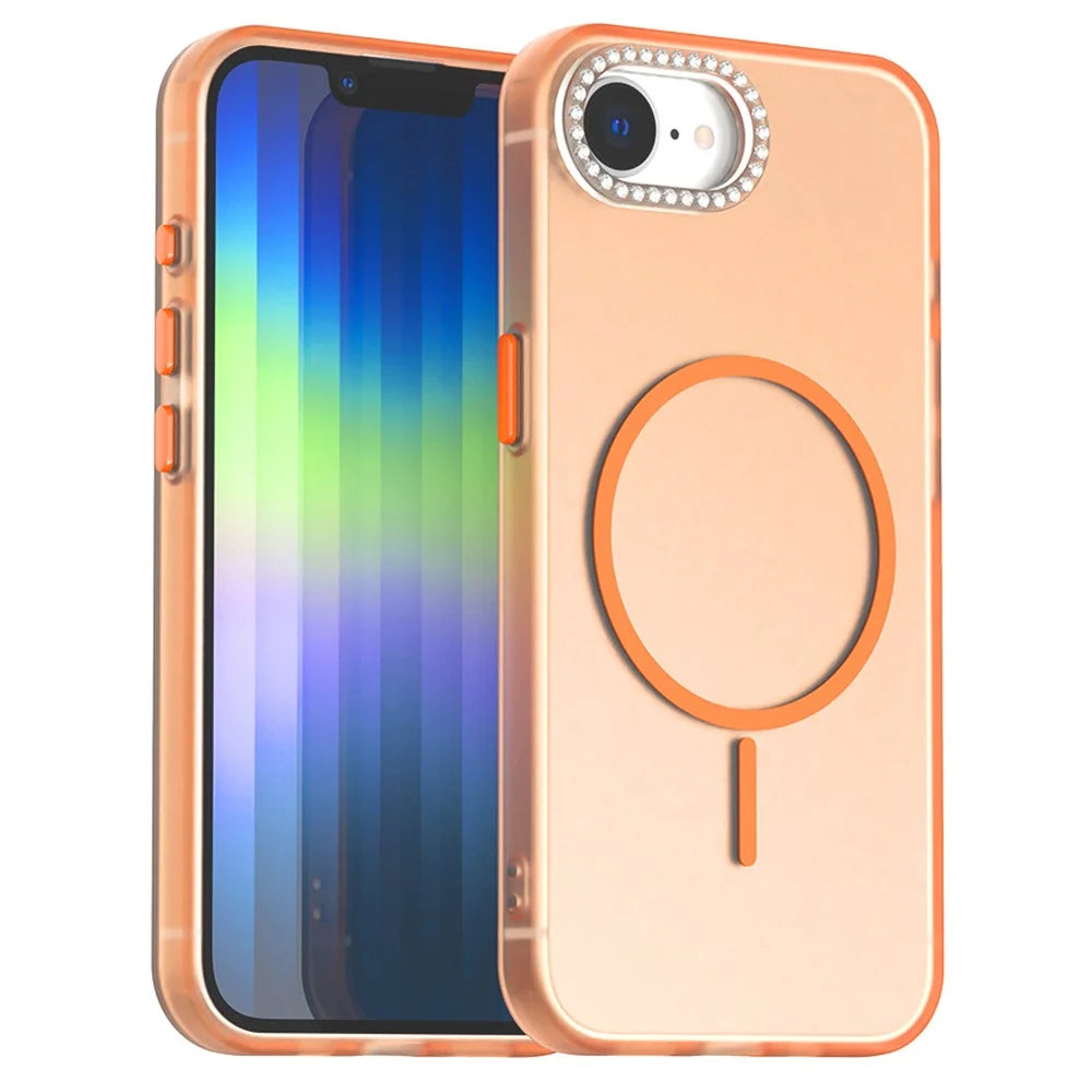 For iPhone 17e / 16e Case Compatible with MagSafe TPU + PC + PET Phone Cover Rhinestone Decor Lens Frame - Orange - 1