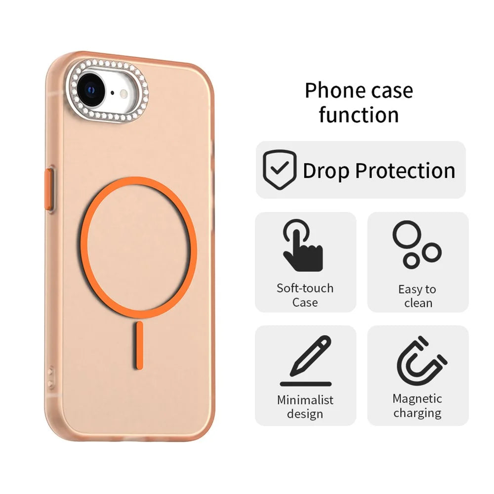 For iPhone 17e / 16e Case Compatible with MagSafe TPU + PC + PET Phone Cover Rhinestone Decor Lens Frame - Orange - 2