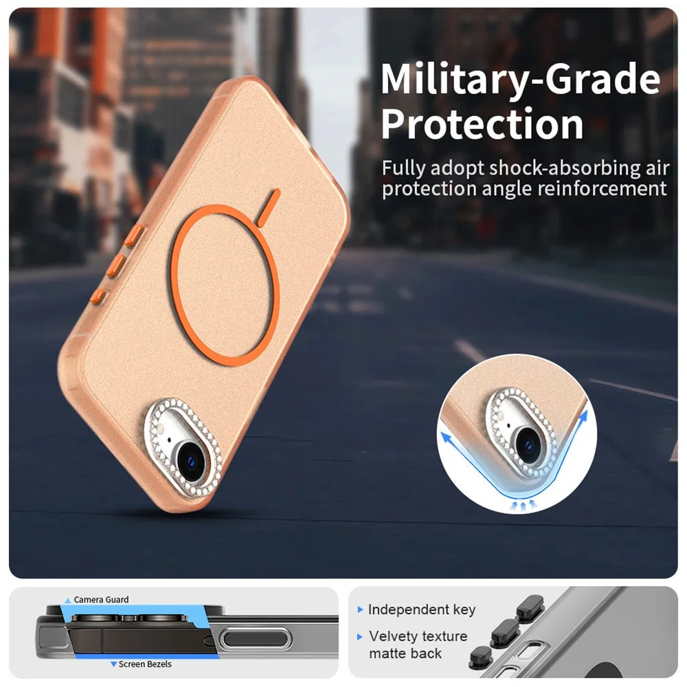 For iPhone 17e / 16e Case Compatible with MagSafe TPU + PC + PET Phone Cover Rhinestone Decor Lens Frame - Orange - 3