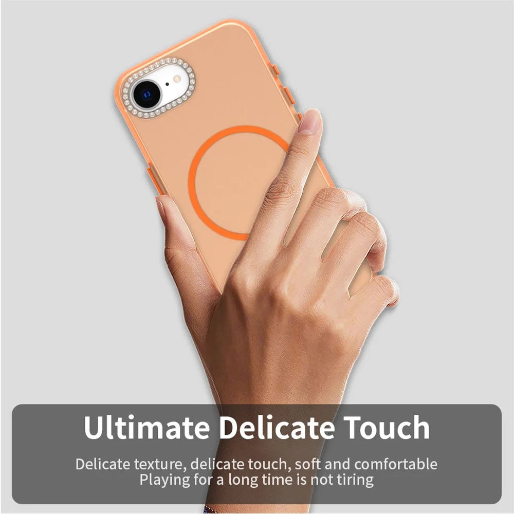 For iPhone 17e / 16e Case Compatible with MagSafe TPU + PC + PET Phone Cover Rhinestone Decor Lens Frame - Orange - 6