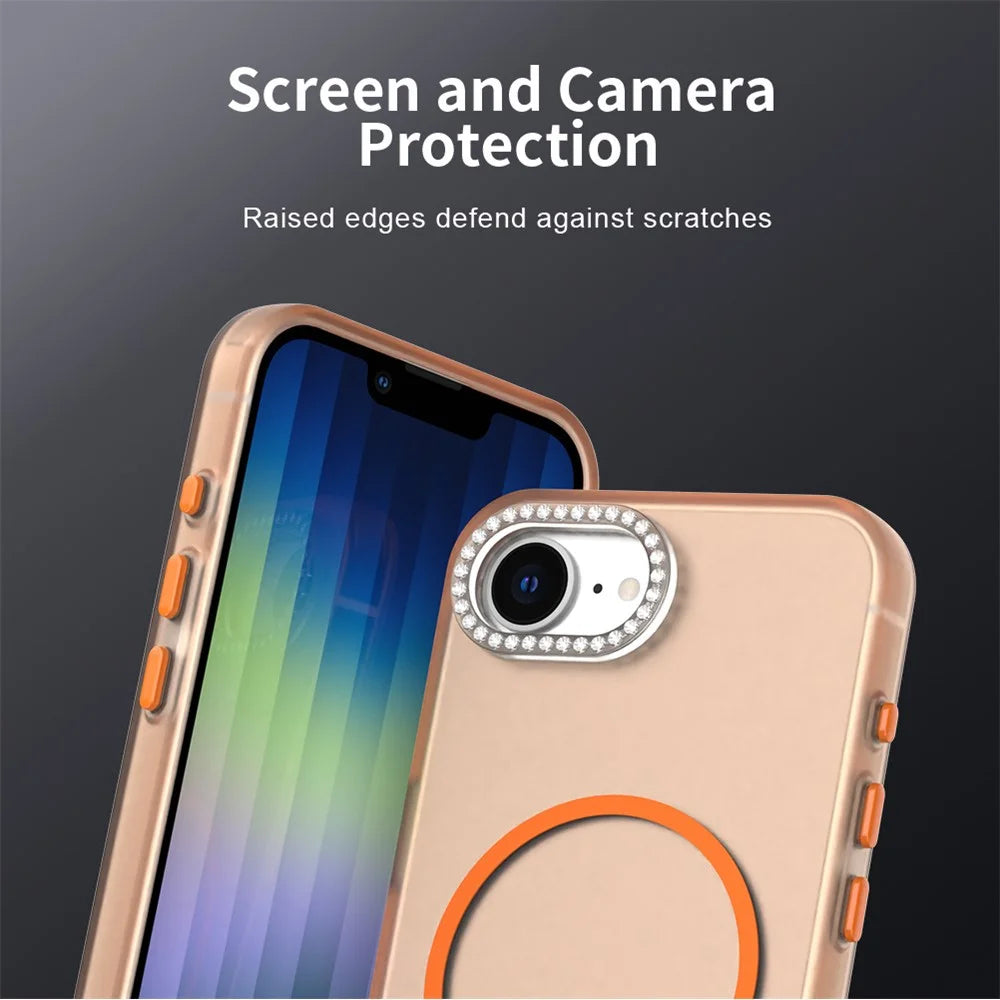 For iPhone 17e / 16e Case Compatible with MagSafe TPU + PC + PET Phone Cover Rhinestone Decor Lens Frame - Orange - 7