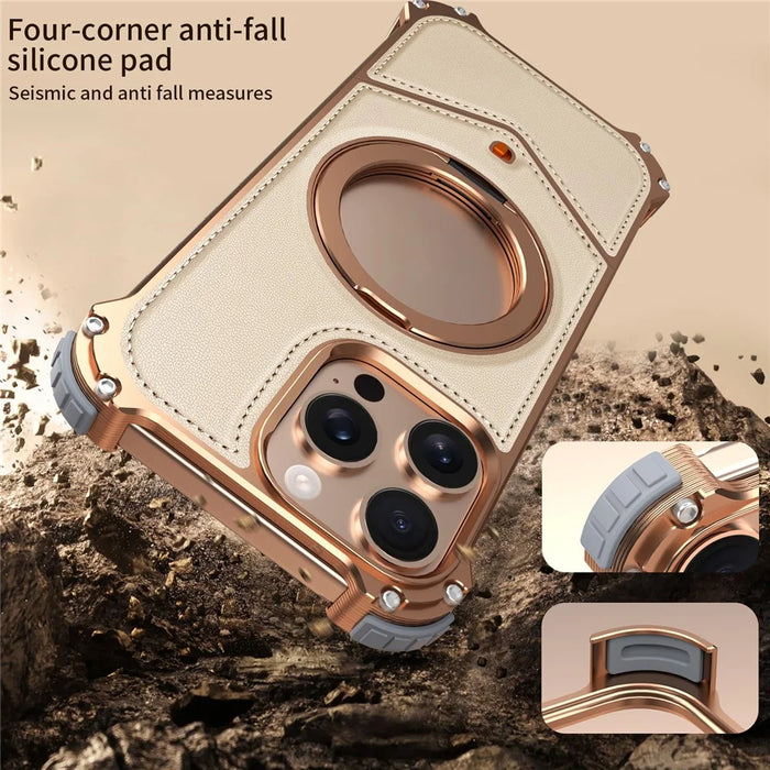 For iPhone 16 Pro Max Case PU Covered Metal Boardless Phone Back Cover with Kickstand - Desert Gold - 2