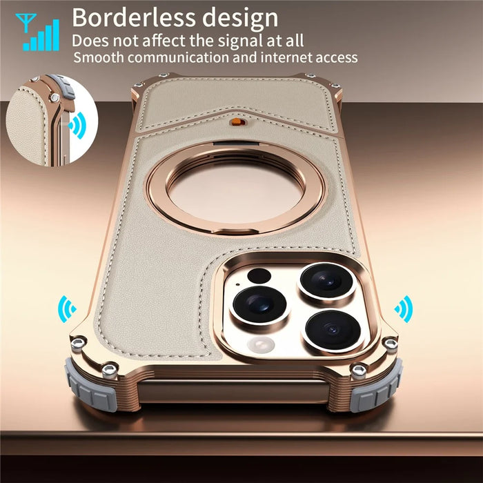 For iPhone 16 Pro Max Case PU Covered Metal Boardless Phone Back Cover with Kickstand - Desert Gold - 6