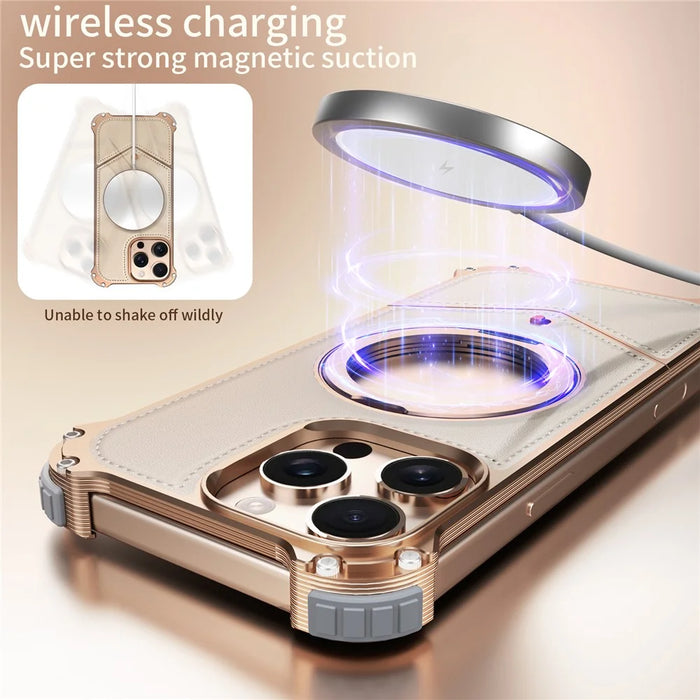 For iPhone 16 Pro Max Case PU Covered Metal Boardless Phone Back Cover with Kickstand - Desert Gold - 7