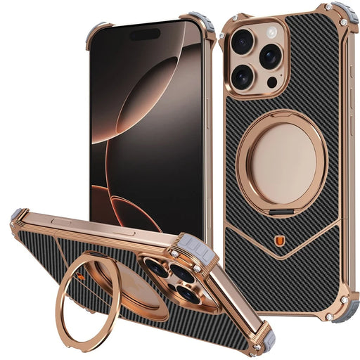 For iPhone 16 Pro Max Case Carbon Fiber Texture PU + Metal Boardless Phone Back Cover with Kickstand - Brown - 1